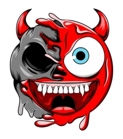 Emoticono rojo de diablo con cuernos y colmillos revelando una calavera lateral.