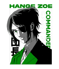 Vector de Hange Zoe con parche en ojo y sonrisa loca, abrigo verde, fondo de rayas verdes