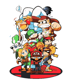 Diseño vectorial titulado 'Nintenders' que muestra a los personajes de Nintendo parodiando a los superhéroes de Marvel Avengers.