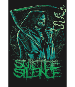 Diseño vectorial de la Parca con guadaña en tonos verdes, texto 'SUICIDE SILENCE' y humo, estilo gótico