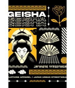 Vector de una geisha japonesa con patrones tradicionales de olas y tipografía moderna en tonos amarillo y negro.