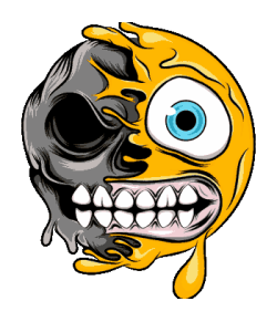 Vector de emoji amarillo derritiéndose fusionado con calavera, ojo azul y cuenca vacía
