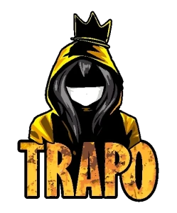 Diseño vectorial de personaje con capucha amarilla, corona y máscara, texto 'TRAPO' en dorado desgastado