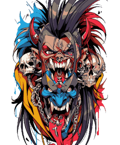 Cara demoníaca ultra agresiva con crestas multicolores, cuernos, piercings