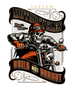 Calavera con goggles y guantes, moto custom, banner 'Build Not Bought