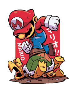 Mario saltando sobre un Koopa Troopa con fondo rojo y letras japonesas.