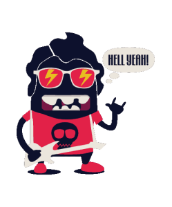 Un monstruo rockero con gafas de rayos, guitarra y diciendo “HELL YEAH!”.