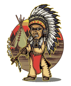 Vector de jefe nativo americano con tocado de plumas, fumando pipa con fondo de tipi