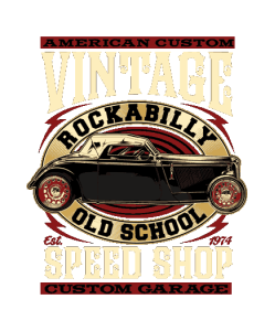 Convertible negro estilo hot rod con texto “Rockabilly Old School”