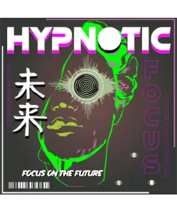 Vector de rostro hipnótico con ojo neón verde, texto 'Focus on the Future' y kanji japonés