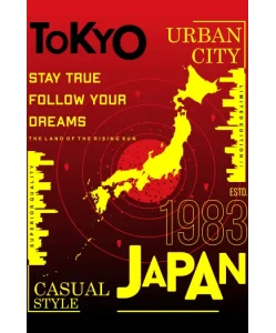 Vector de Tokio con mapa de Japón, texto '1983' y 'Stay True Follow Your Dreams', estilo urbano