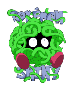 Diseño vectorial de Pokémon Shiny verde (cadenas) con ojos grandes, guantes rojos, texto  estilo caricatura