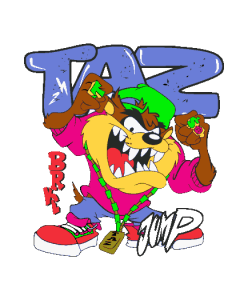 Taz con gorra, cadenas doradas, y actitud de "YOOO!!