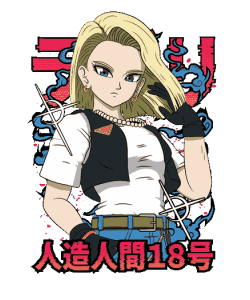 Vector anime Androide 18 Dragon Ball Z outfit icónico guante negro collar perlas efectos energía rojo azul