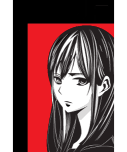 Mei Aihara ilustración monocromática en blanco y negro con un fondo rojo