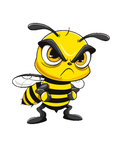 Diseño gráfico vectorial de una abeja cartoon enojada con brazos cruzados y cejas gruesas negras.