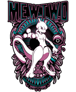 Vector Mewtwo composición ornamental simétrica tipografía rock paleta rosa morado turquesa