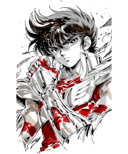 Ilustración vectorial detallada de Seiya de Pegaso de Los Caballeros del Zodiaco en pose de combate con armadura.