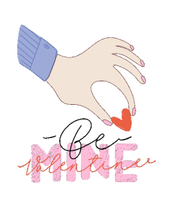 Ilustración de mano sosteniendo corazón con texto Be Mine para sudaderas de San Valentín.