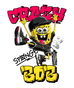 Vector de Bob Esponja estilo gangsta con gorra negra, cadena, zapatillas y micrófono, texto 'CRAZY'