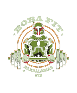 Vector Boba Fett levantando barra diseño circular estilo parche vintage tipografía Boba Fit Mandalorian
