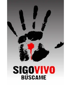 Diseño vectorial de huella de mano con gota roja, texto 'Sigo Vivo Búscame
