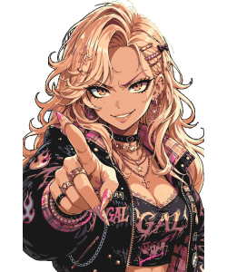 Ilustración vectorial de chica estilo Gyaru rubia con chaqueta de llamas señalando con el dedo y mirada desafiante.