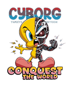 Tweety mitad amarillo cartoon clásico, mitad cyborg futurista con armadura metálica