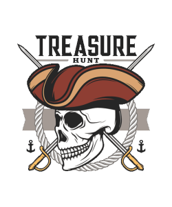 Gráfico vectorial de calavera pirata con sombrero de tres picos, espadas cruzadas y texto Treasure Hunt.