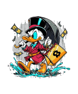 Vector de Scrooge McDuck con sombrero y paraguas, lluvia de billetes, bolsa de dinero amarilla