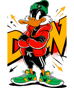 pato: bomber roja, cadenas de oro, beanie verde, sneakers hearts y rayos explosivos
