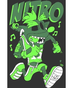 Diseño vectorial de personaje verde saltando con auriculares y zapatillas, texto 'NITRO' y notas musicales