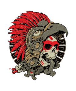Arte vectorial de un cráneo de guerrero azteca con casco de águila y plumas rojas vibrantes