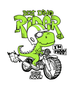 Ilustración vectorial infantil de un dinosaurio T-Rex verde en motocicleta con casco.