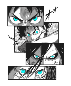 Eren Jaeger de Shingeki no Kyojin con arte de ojos brillantes en azul cian