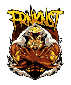 Diseño gráfico de un monstruo estilo Frankenstein musculoso con brazos cruzados y tipografía amarilla rebelde sobre fondo negro.