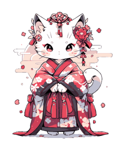 Gatito blanco en kimono japonés: Con flores sakura en la cabeza, lazos rojos y pose elegante