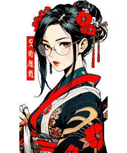 Ilustración de chica anime con kimono japonés, flores rojas y gafas para estampado textil.