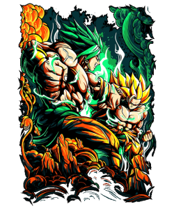 Diseño vectorial de Broly vs Goku, aura verde y dorada, fondo explosión de fuego, estilo tattoo art