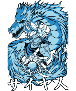Goku en Ultra Instinto con el dragón Shenron azul gigante envolviéndolo