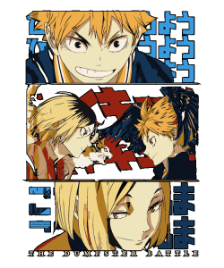 Diseño vectorial en paneles estilo manga de Haikyuu La Batalla del Basurero con Hinata y Kenma.