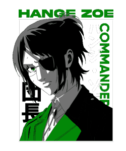 Vector de Hange Zoe con parche en ojo y sonrisa loca, abrigo verde, fondo de rayas verdes