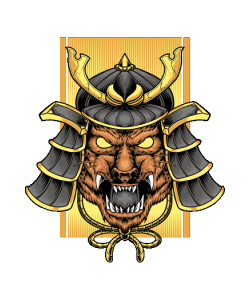Ilustración vectorial de un hombre lobo furioso usando un casco y armadura de samurai japonés con fondo dorado.