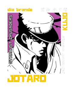 Diseño vectorial de Jotaro Kujo con sombrero, fondo blanco y negro con acentos amarillos, texto 'STARDUST CRUSADERS'