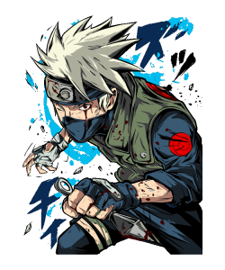 Ilustración vectorial de Kakashi Hatake en posición de combate con kunai y efectos azules.