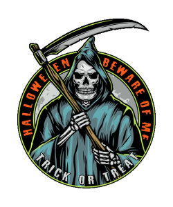 Ilustración vectorial de la Santa Muerte con guadaña y emblema circular para Halloween.