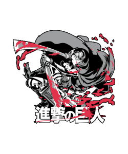 Vector de Levi Ackerman atacando con espadas y salpicaduras de sangre roja junto a kanjis de Shingeki no Kyojin.