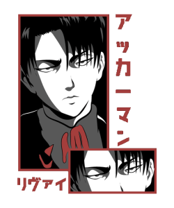 Vector de Levi Ackerman estilo póster manga japonés en color rojo para playeras de anime.