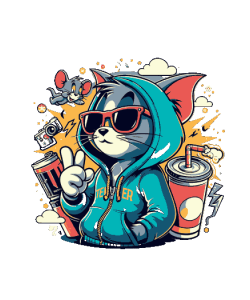 Vector de gato con sudadera azul y gafas de sol, haciendo signo de paz, con lata de refresco y ratón, estilo urbano