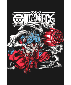 Vector anime Luffy Gear 5 One Piece cabello azul puño rojo capa blanca logo kanji japonés